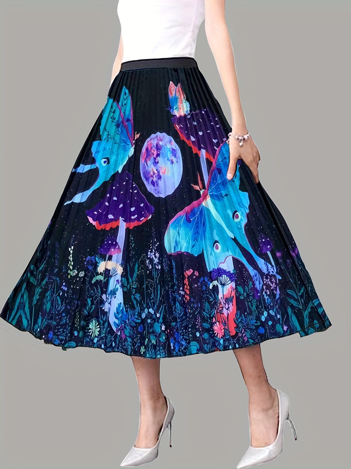 Mushroom & Butterfly Print Pleated Skirt for Spring & Summer