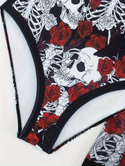 Halloween Gothic Tankini Set Women's Plus Rose Skull Print