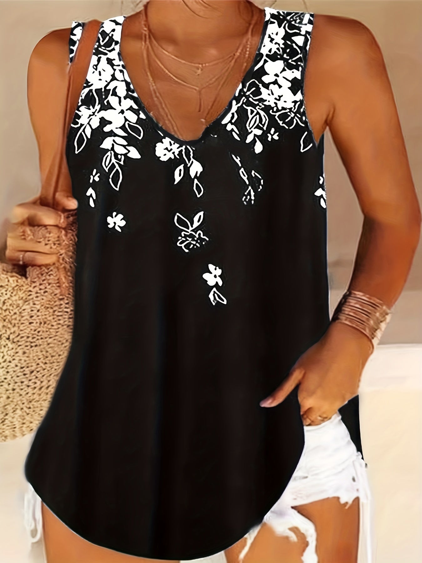 Floral Print V Neck Tank Top
