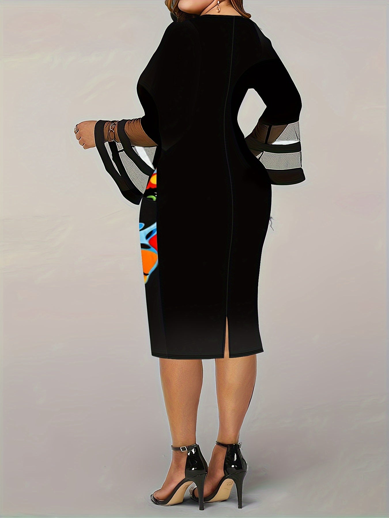 Abstract Figure Print Mesh Sleeve V Neck Dress