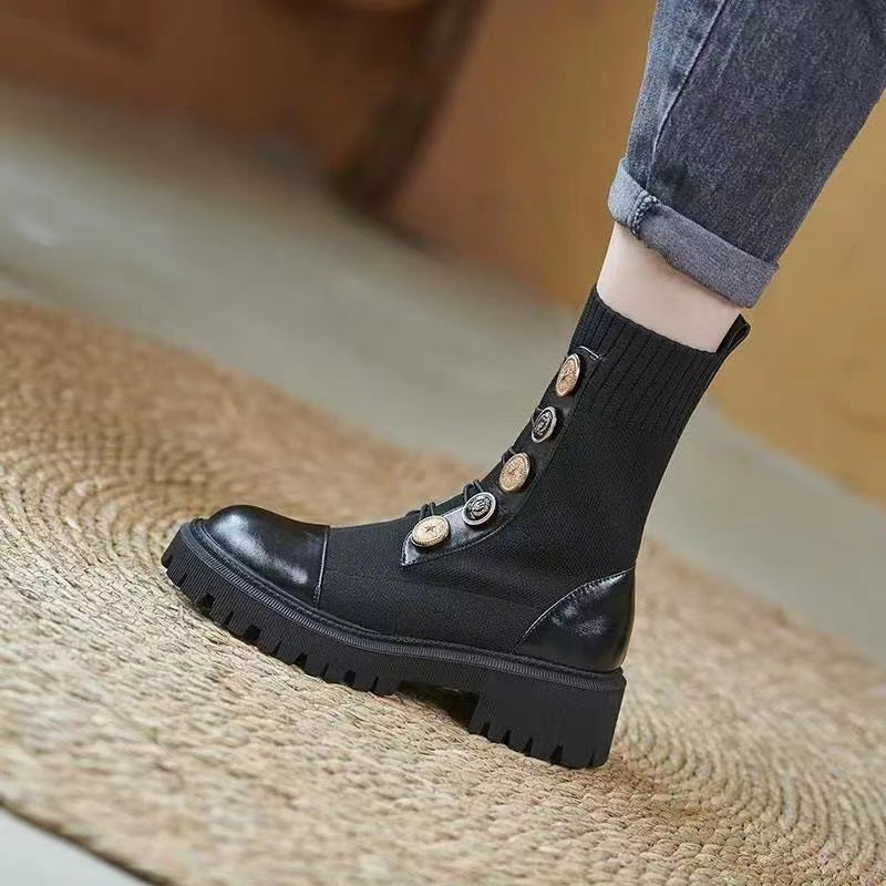 Knit Button Slip On Mid Calf Boots Platform Winter Shoes