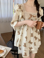 Teddy Bear Print Pajama Set Lace Trim Half Sleeve Top & Shorts