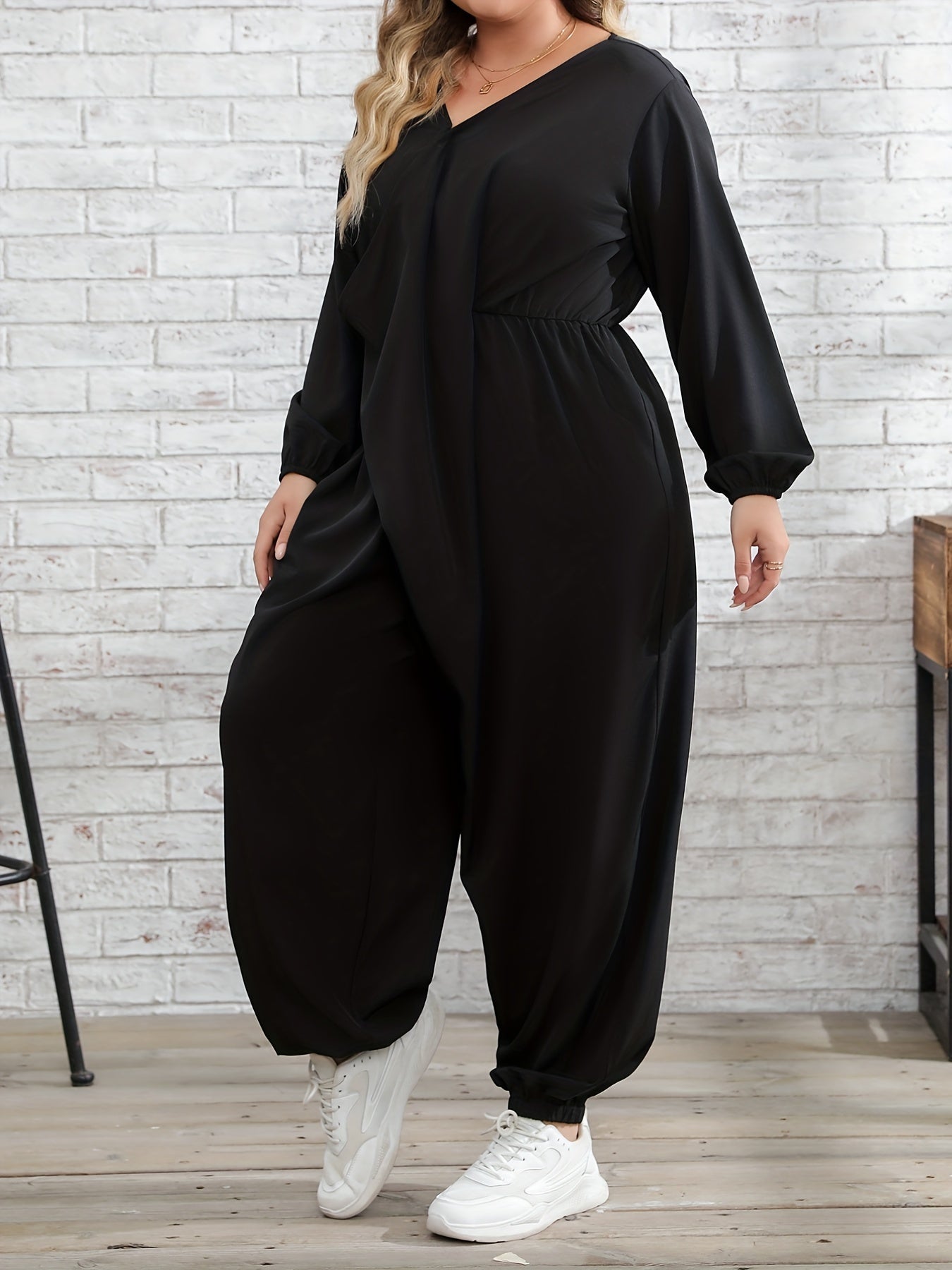 Solid Long Sleeve V Neck Jumpsuit