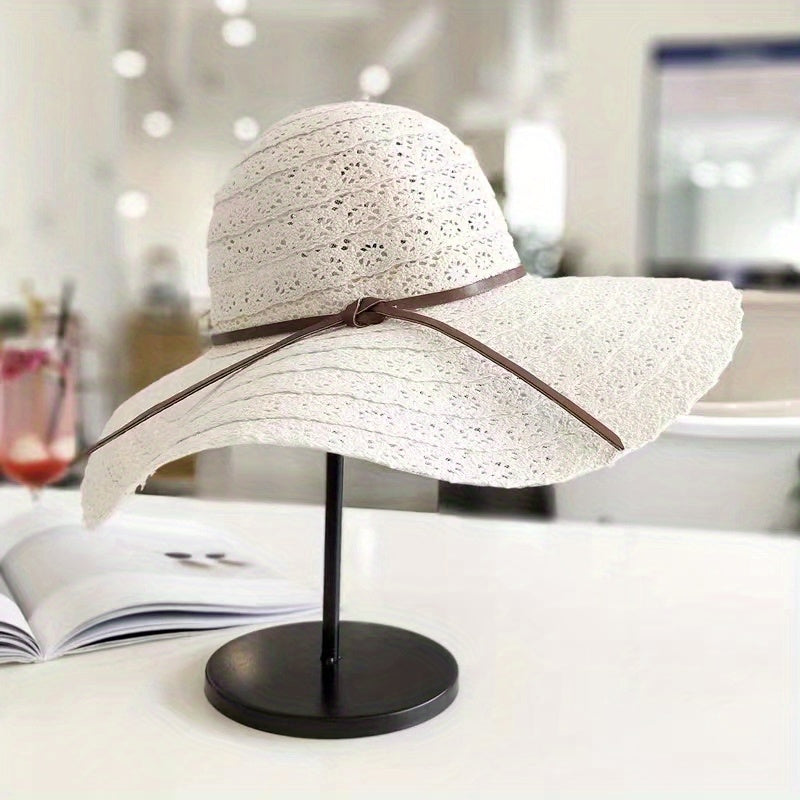 Striped Lace Sun Hat Wide Brim Hollow Straw UV Protection Travel Beach Hat