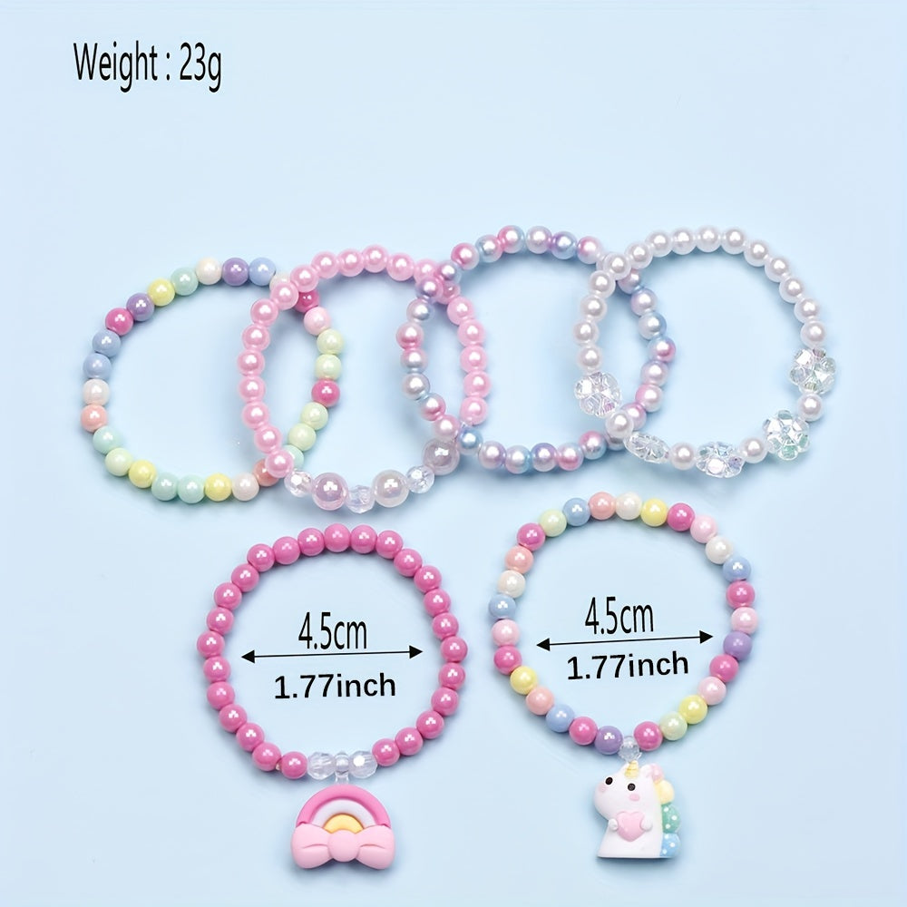 6pcs Unicorn Rainbow Pendant Beaded Bangle Bracelet Set Kids Accessories