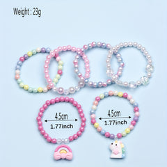 6pcs Unicorn Rainbow Pendant Beaded Bangle Bracelet Set Kids Accessories