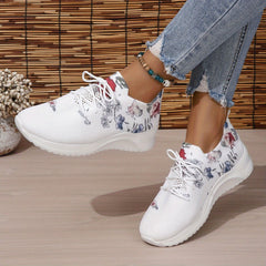 Women's Flower Pattern Platform Sneakers Lace Up Casual Outdoor Shoes