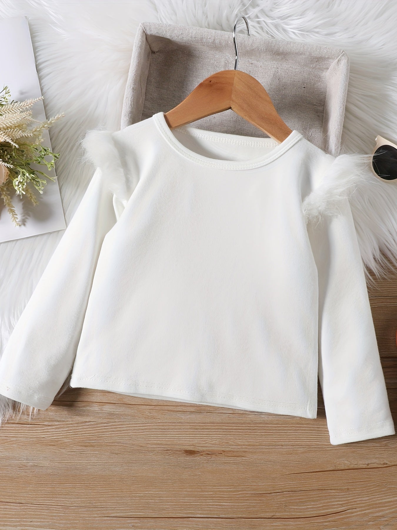 Girl's 2pcs Top & Belted PU Skirt Set Faux Fur Decor Outfit Kids Clothes