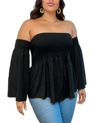 Sexy Blouse Women's Plus Solid Off Shoulder Bell Sleeve Top