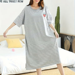 Strawberry Print Lounge Dress Short Sleeve Crew Neck Striped Home Dress