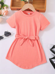 Girls Princess Dress Bow Knot Short Sleeves Crew Neck Kids Clothes