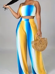 Women's Ombre Print Tie Back Crop Cami Top & Wide Leg Pants Set