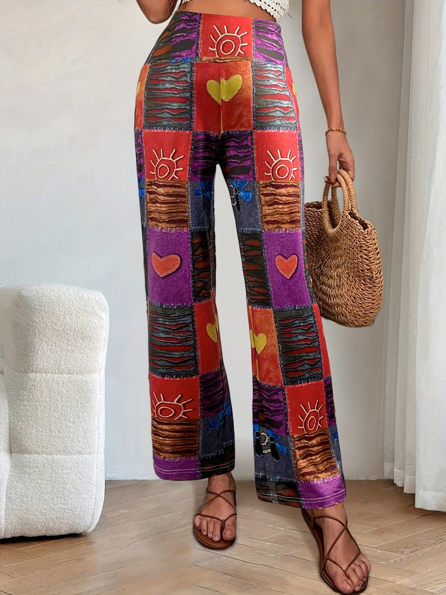 Hippie Patchwork Wide Leg Pants Casual Loose Fit Women's Clothing