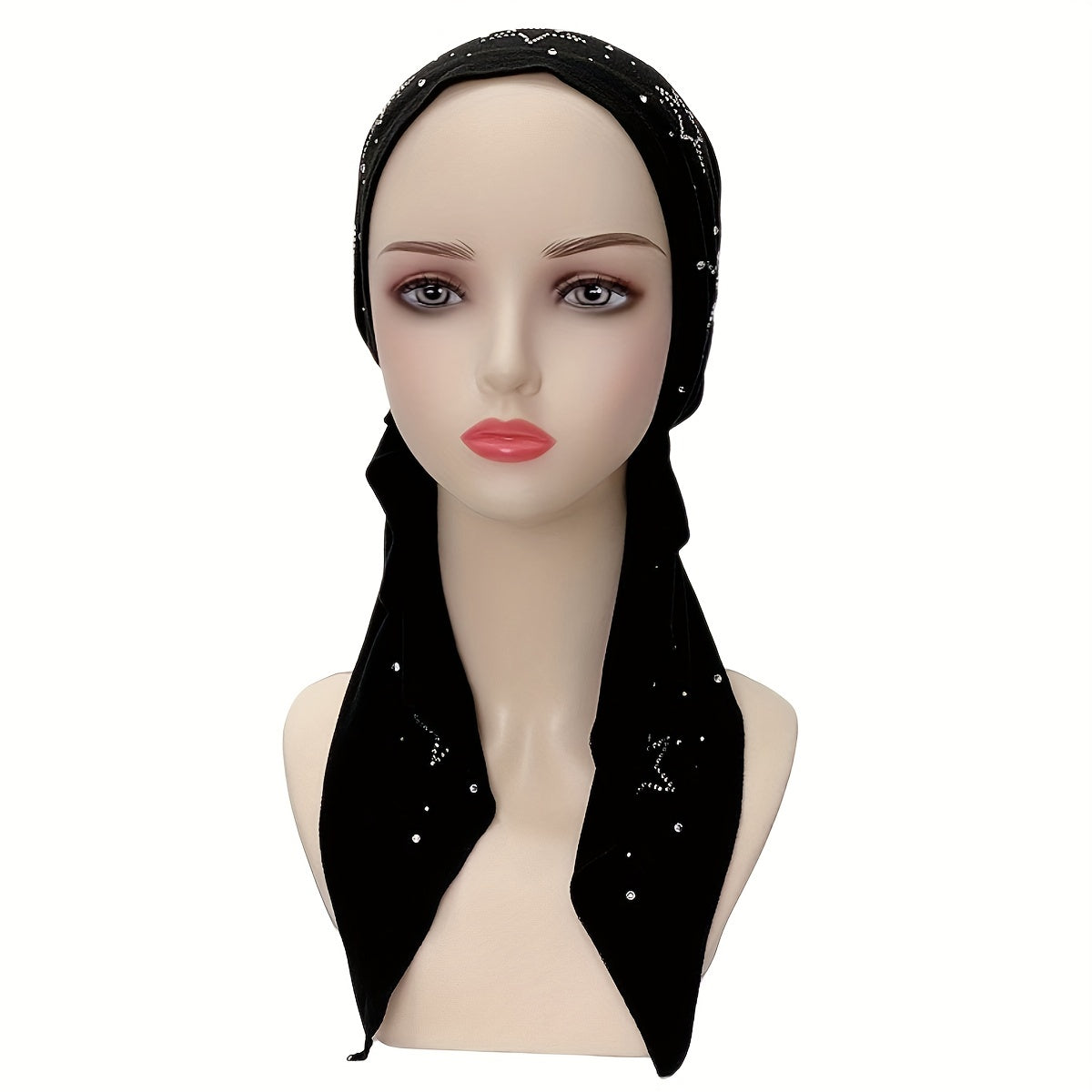Rhinestone Star Decor Head Wraps Solid Turban Casual Bonnet Ramadan Head Scarf