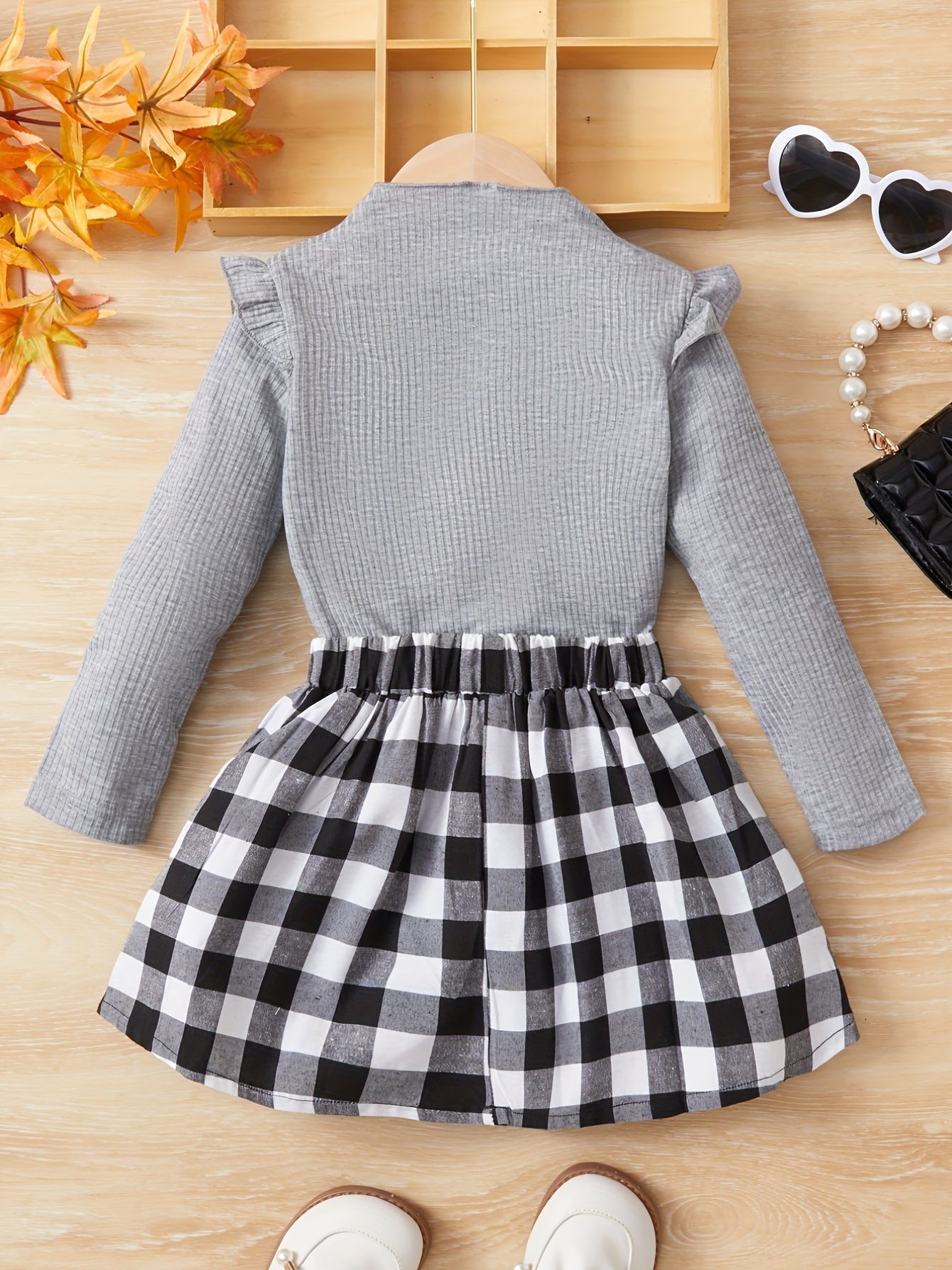 Girl's Mock Neck Top & Plaid Skirt Set Preppy Style Outfit