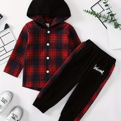 Toddler Boy's Hooded Shirt & Pants Set Plaid Pattern Outfit