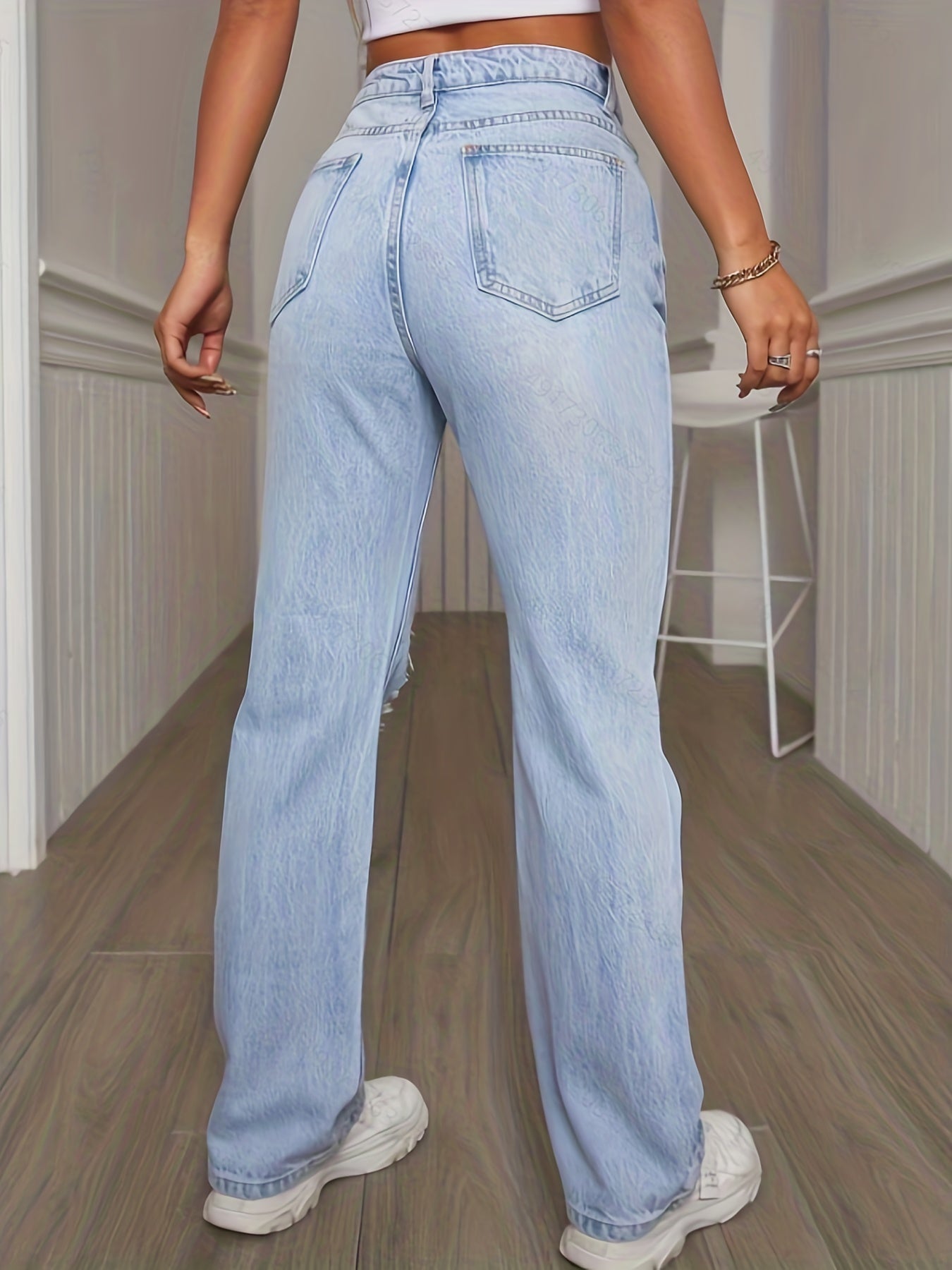 High Waist Ripped Jeans Loose Fit Slash Pockets