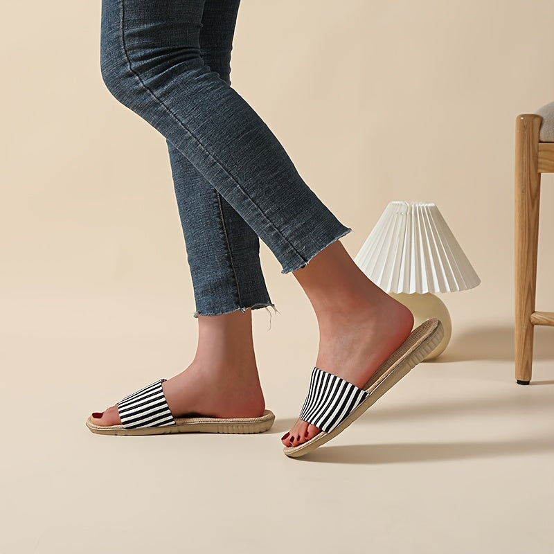 Women's Striped Print Flat Slippers Open Toe Flax Sole Anti slip Lightweight