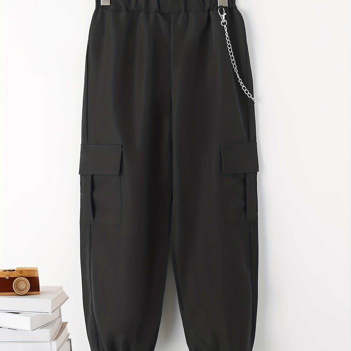 Boys Casual Cargo Pants With Chain Elastic Waist Jogger Pants