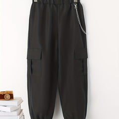 Boys Casual Cargo Pants With Chain Elastic Waist Jogger Pants