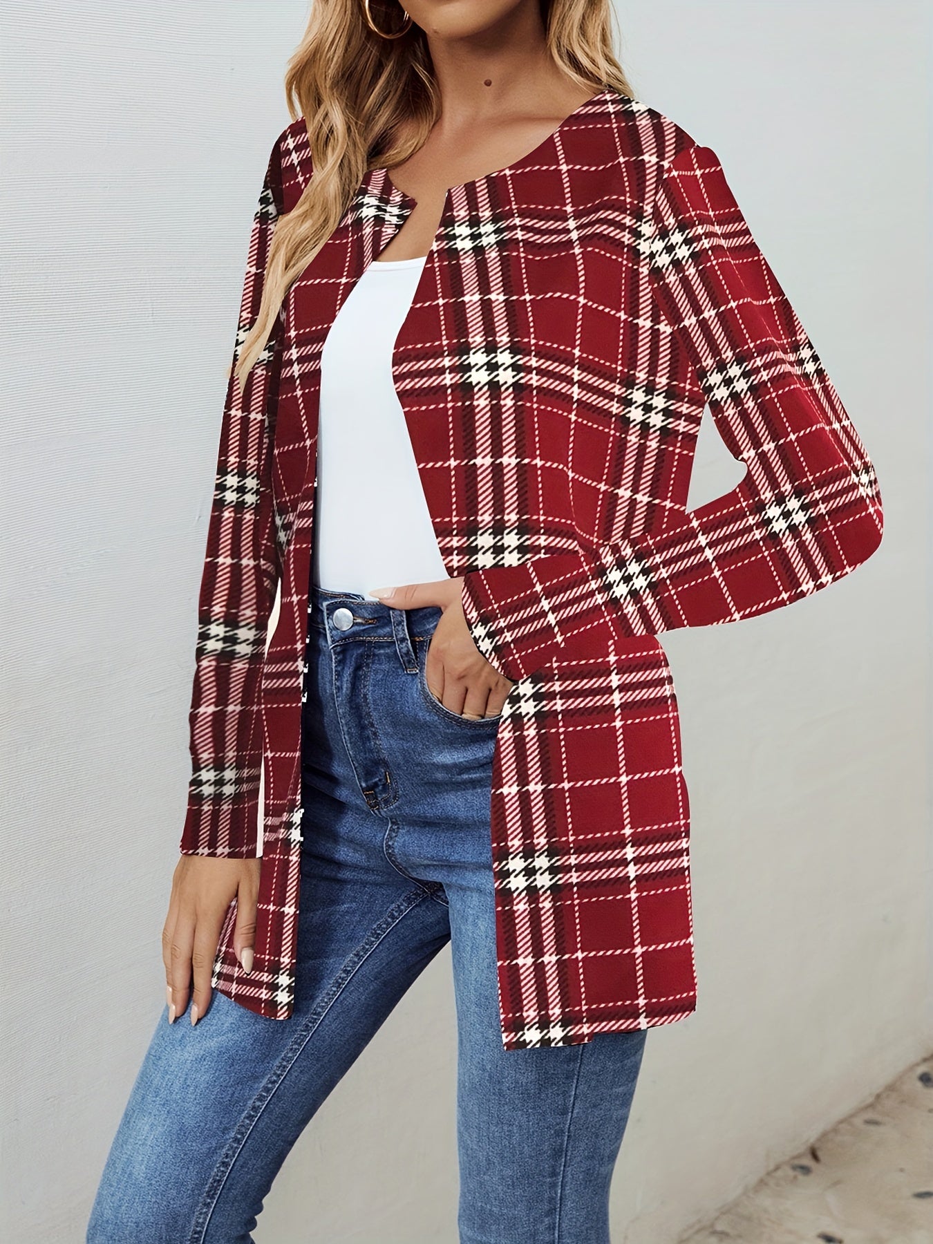 Plaid Print Open Front Jacket Long Sleeve Outerwear