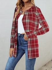 Plaid Print Open Front Jacket Long Sleeve Outerwear