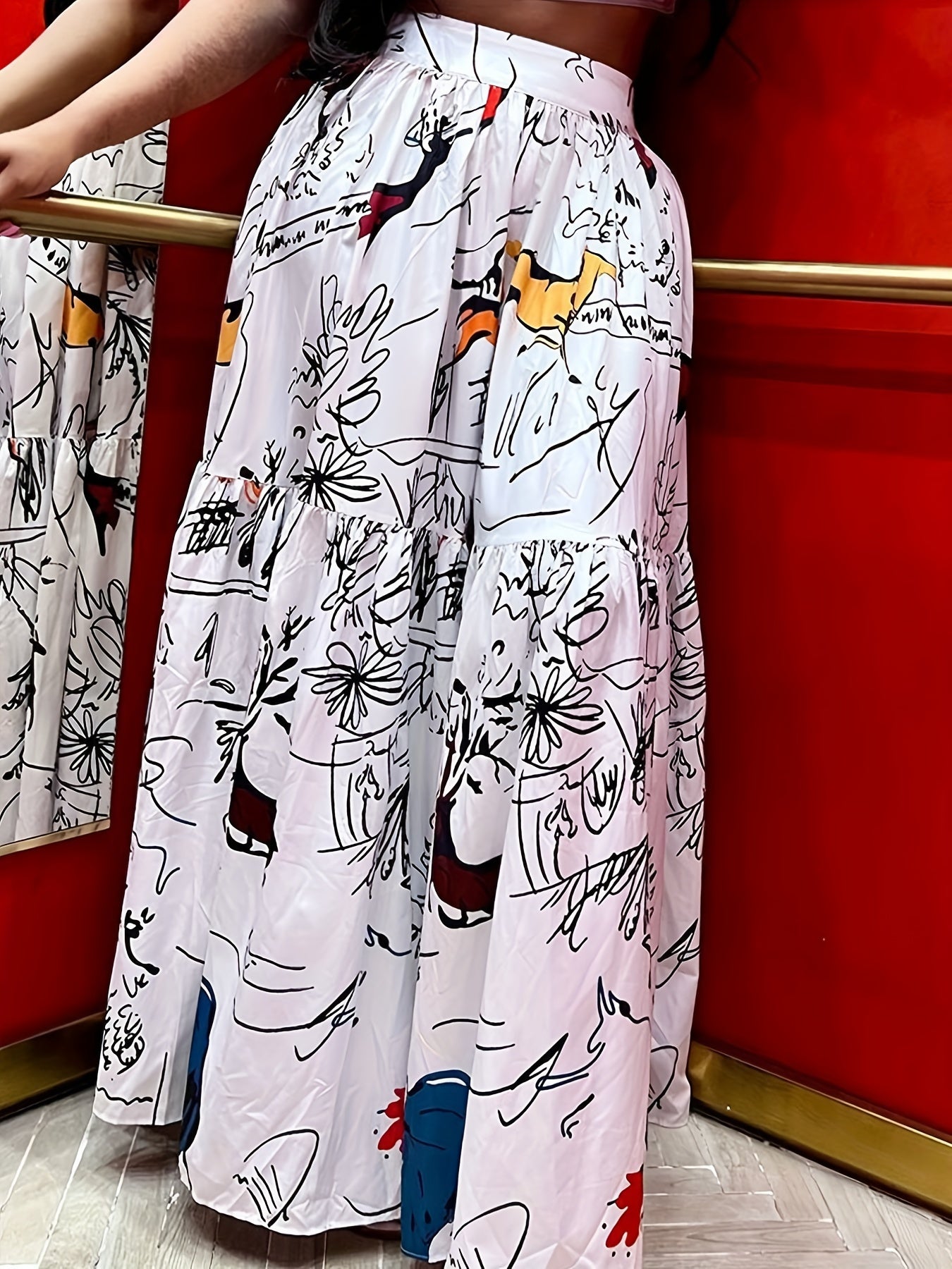 Graffiti Print High Rise Maxi Skirt with Pockets