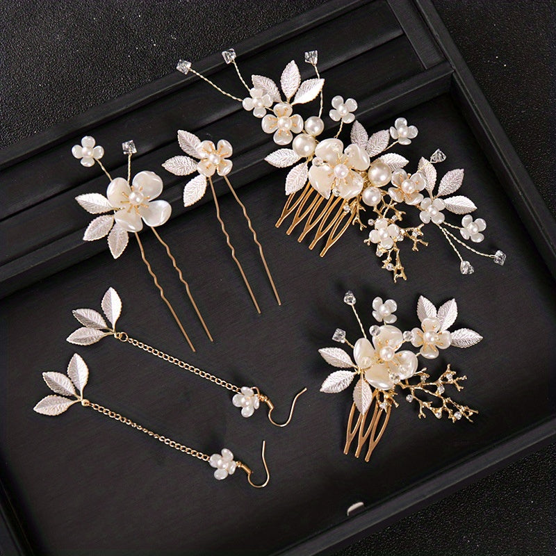 Bridal Flower Hair Comb Earrings Set Headwear Hair Comb
