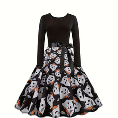Halloween Gothic Dress Women's Plus Ghost Print Bow Front Swing Dress