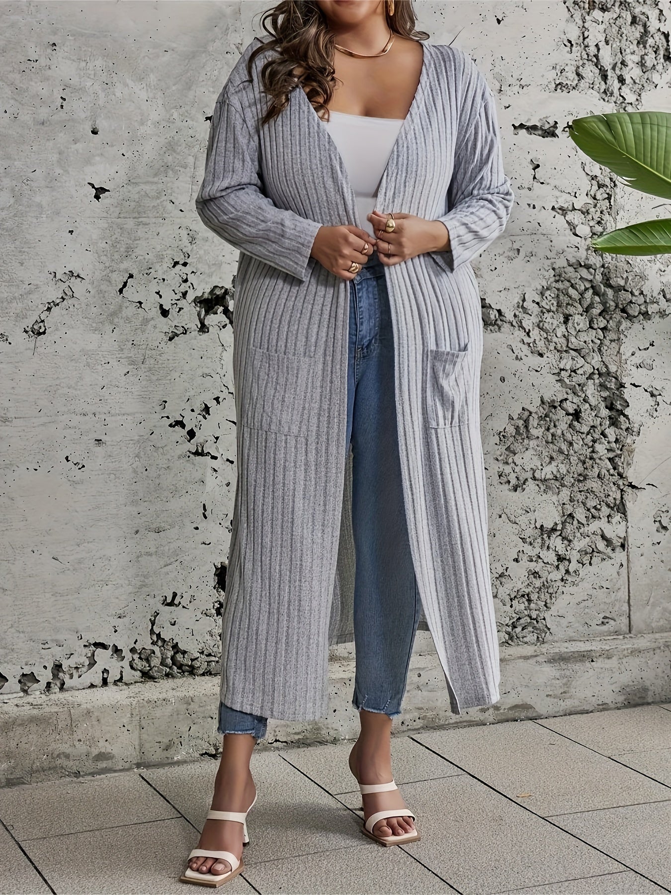 Solid Ribbed Long Sleeve Open Front Cardigan With Pockets