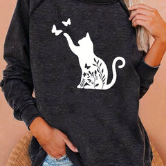 Cat & Butterfly Print Sweatshirt Long Sleeve Casual Sweatshirt Women's Clothing