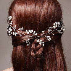 Silvery Flower & Leaf Wedding Hair Vine Pearl Headband