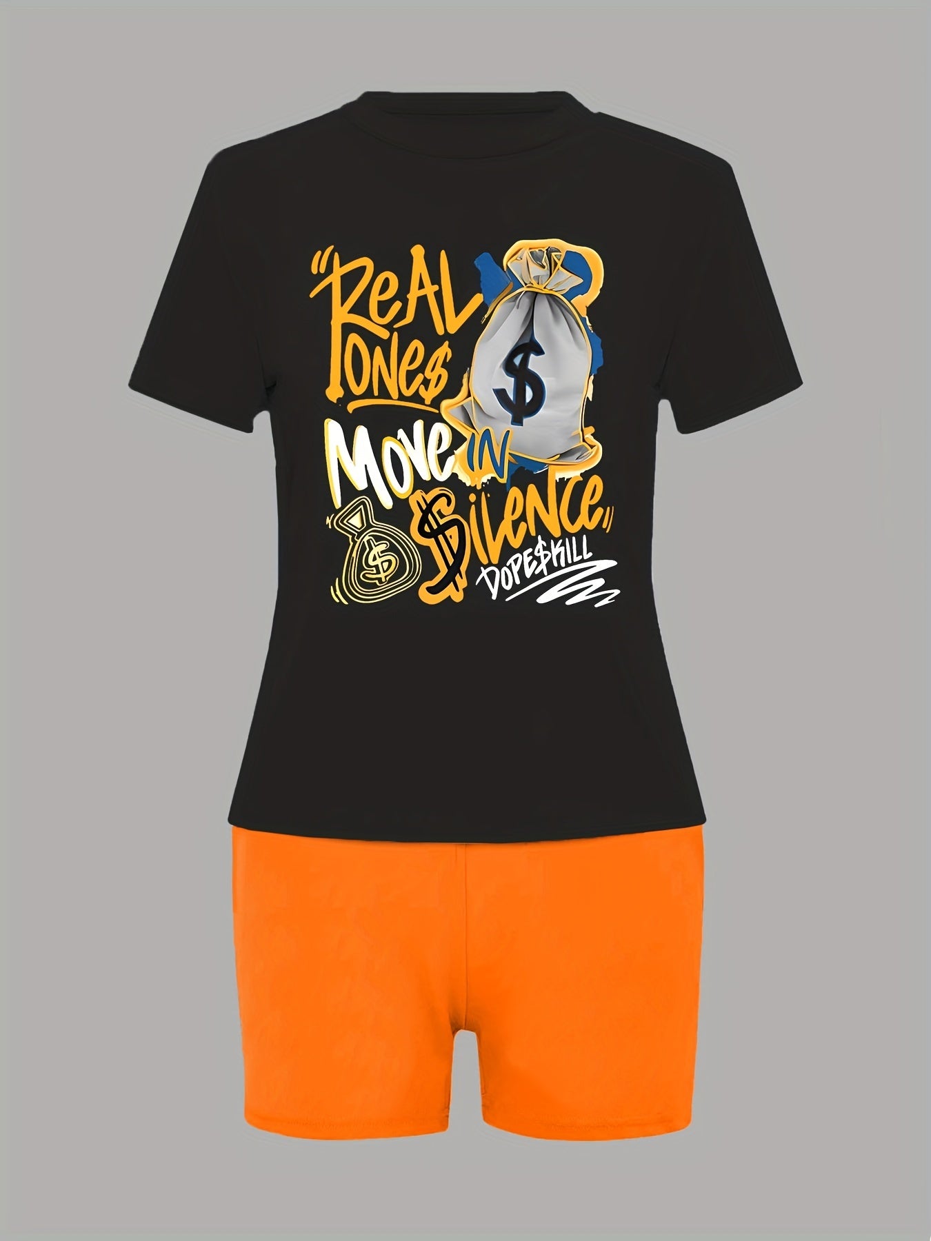 Spring Summer Two piece Set Graphic Print Tee & Solid Shorts