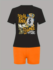 Spring Summer Two piece Set Graphic Print Tee & Solid Shorts