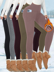 5pcs Womens Thermal Fleece Lined High Waisted Sports Leggings With Pocket