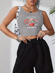 Cherry & Letter Print Crop Tank Top