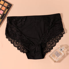 Lace Mid Waist Solid Panties Women's Plus Sexy Panties