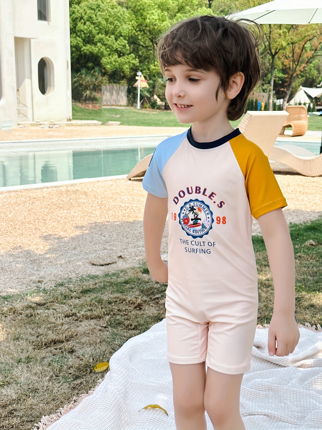 Boy's Crocodile Print One-Piece Swim Suit Short Sleeve Shorts