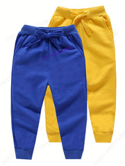 2pcs Boys Solid Drawstring Sweatpants Soft Comfortable Trousers For Spring Fall