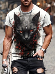 Men's Cat Print T-shirt Comfy Stretch Crew Neck Tee