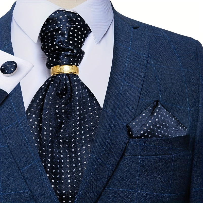 Men's Formal Silk Cravat Hanky Ring Set Ascot Vintage Plain Necktie Scarf