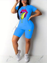 Eye Print Casual Two piece Set Tee & Shorts Outfits
