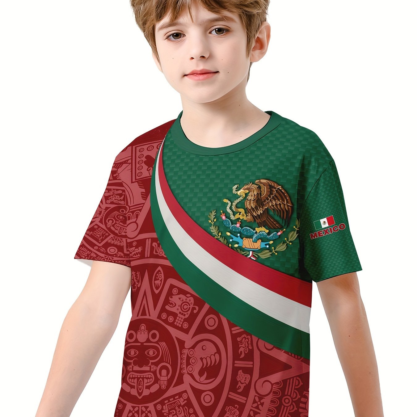 Mexico Flag 3D Print Boy's Casual Tees Short Sleeve Crew Neck Comfy T shirt