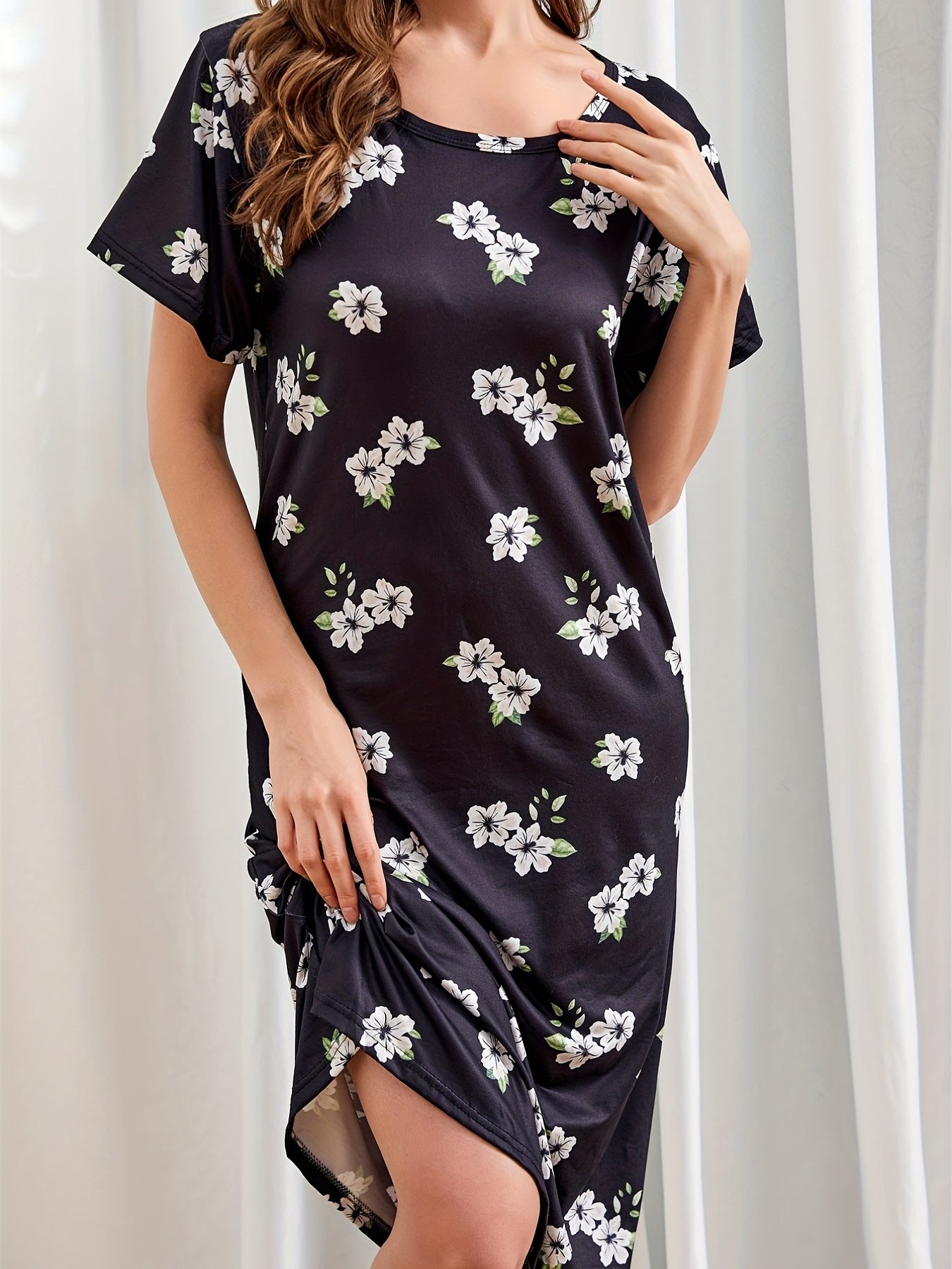 Floral Print NightDress Short Sleeve Pajama Dress Women's Sleepwear
