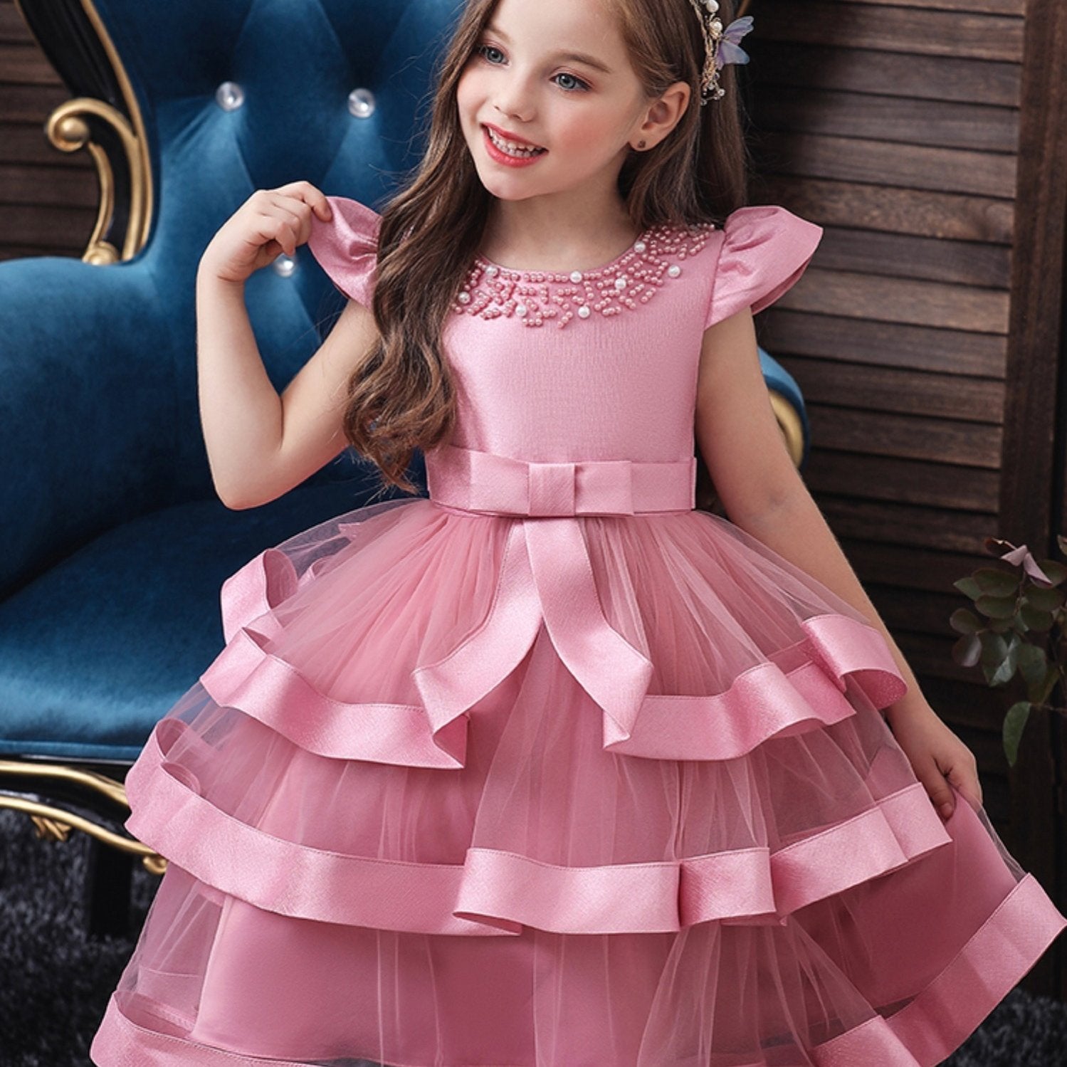 Girls Mesh Princess Dress Fly Sleeve Bow Belt Layer Dress