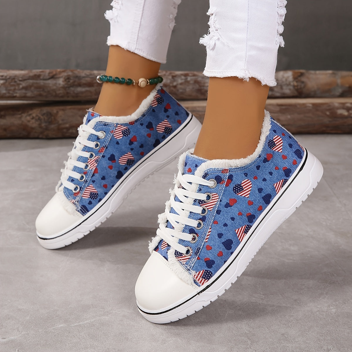Heart Flag Pattern Sneakers Low Top Canvas Shoes 4th Of July