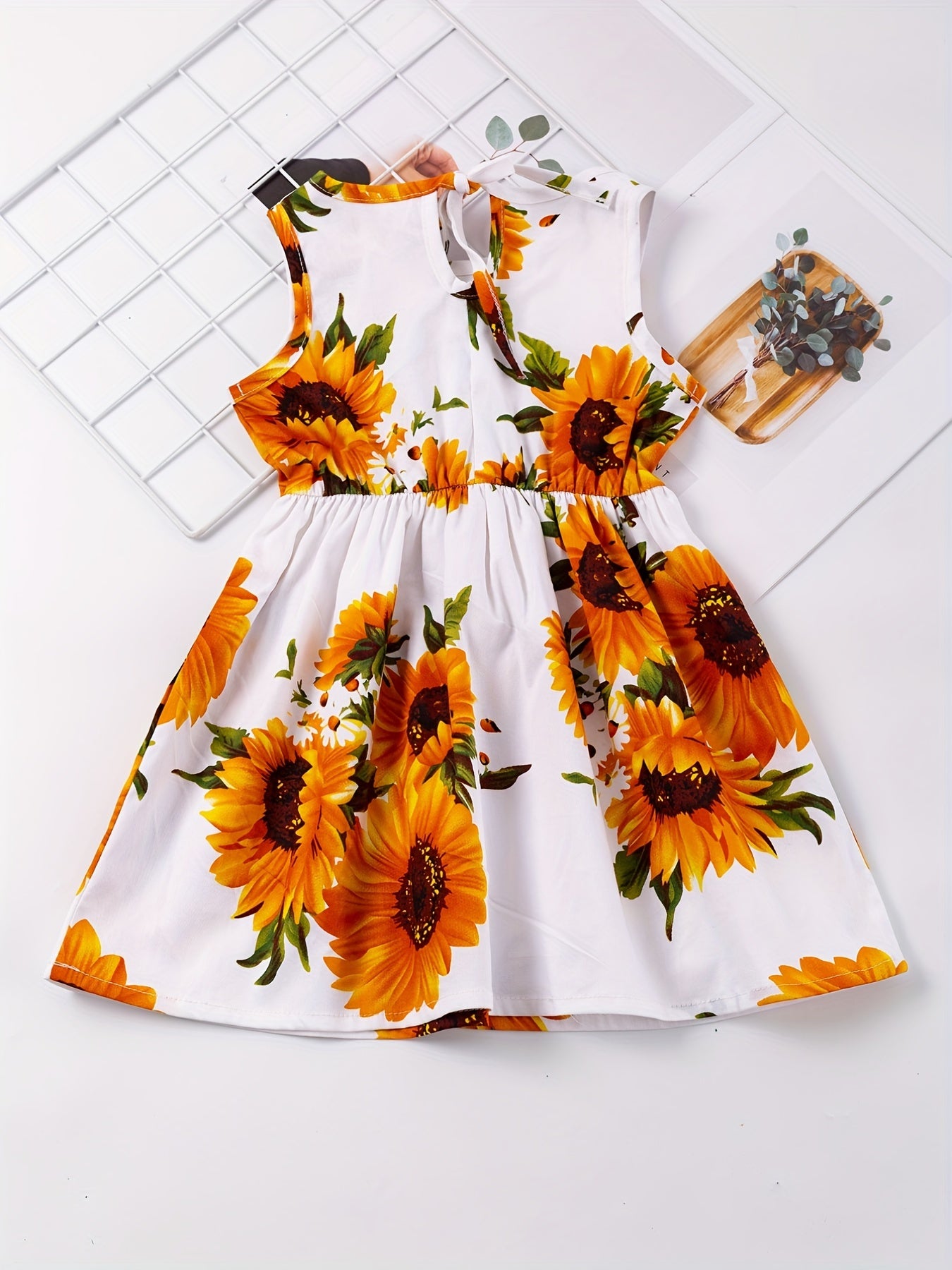 Girl's Sun Flower Sleeveless Strap Dress Comfy Summer Casual