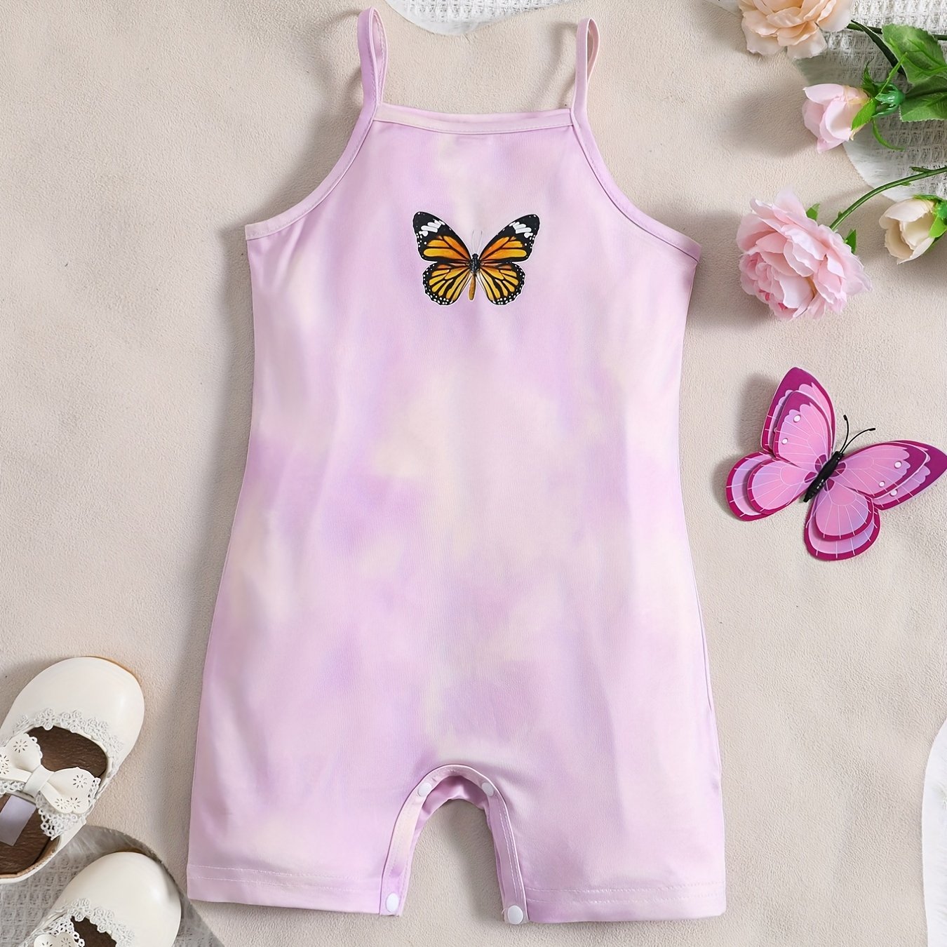 Baby Girl's Butterfly Graphic Summer Cami Rompers