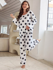 Polka Dot Pajama Set Long Sleeve Crew Neck Top & Pants Women's Sleepwear