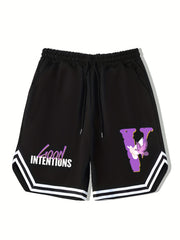 Men's Streetwear Shorts Purple Letter V Graphic Drawstring Stretchy Short Pants